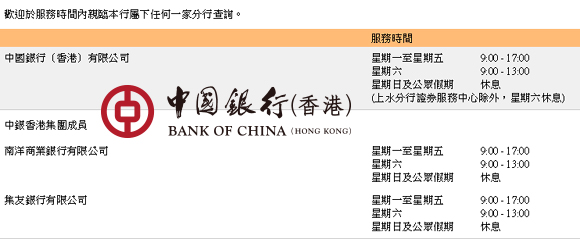 香港中國銀行營業時間